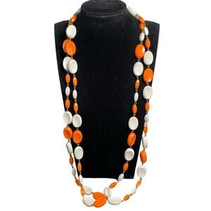 Vtg 1970s/80s Orange and White Beaded Long Statement Necklace Retro Mod